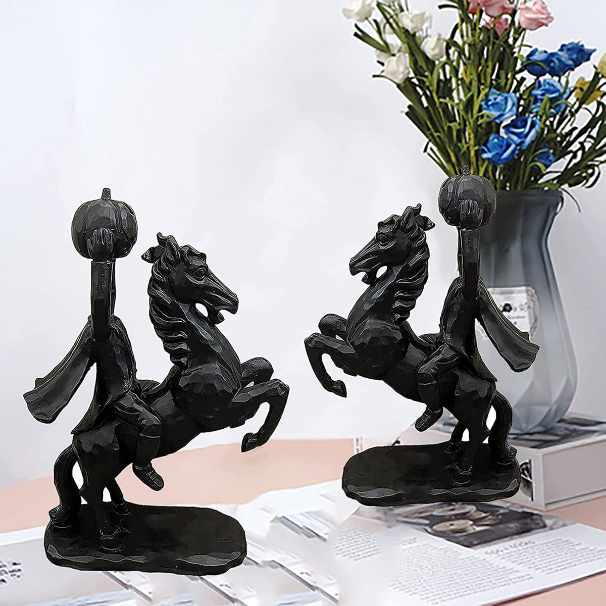 Haunt & Co Desktop Ornament Headless Horseman Resin Statue for Halloween Home Display, 22x12x9 cm, Black