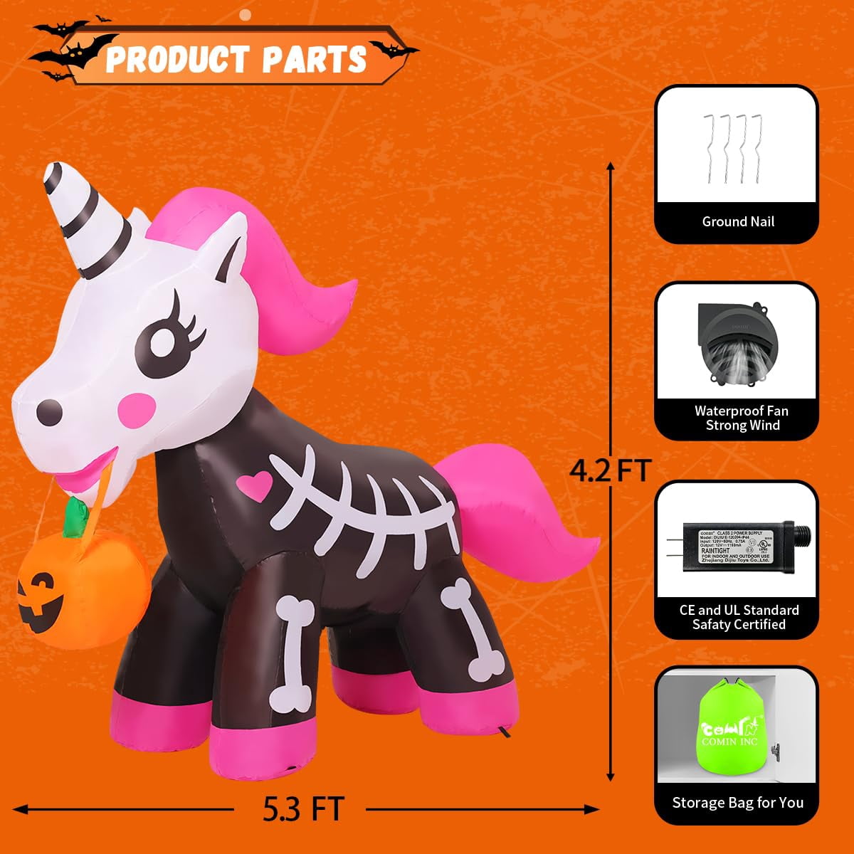 Haunt & Co COMIN 5 FT Halloween Inflatables Skeleton Unicorn Outdoor Decorations Blow Up Yard Pink Cute with Built-in LEDs