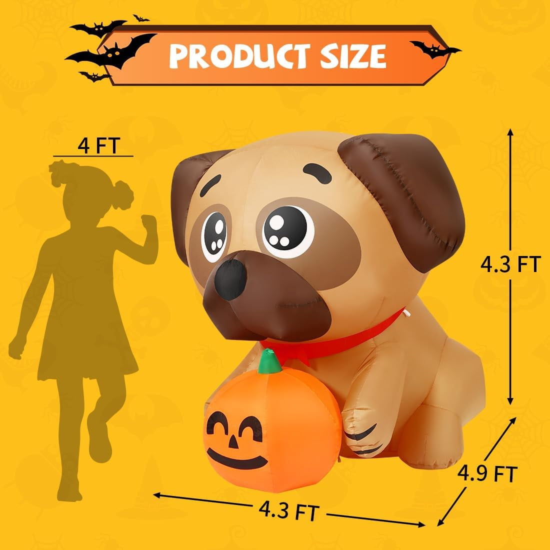 Haunt & Co COMIN 5 FT Halloween Inflatables Dog Outdoor Yard Decorations Blow Up Pug Holding Pumpkin with Built-in LEDs