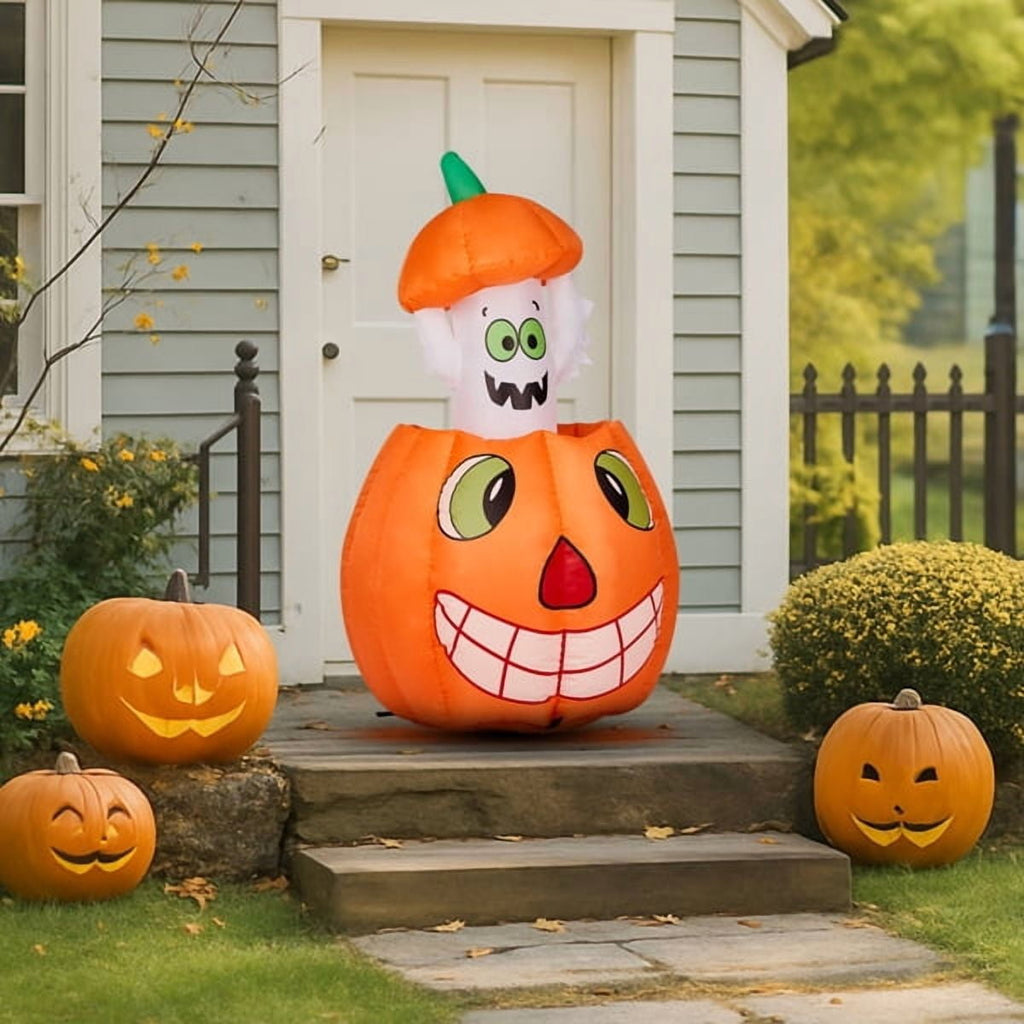 Haunt & Co 2.8FT Halloween Inflatable Animated Pumpkin Ghost, 2 White LED Lights, Weather-Resistant Polyester, for Small Spaces/Accent Decor