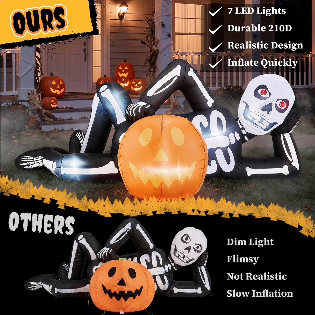 Haunt & Co 7' Halloween Inflatables Skeleton Outdoor Reclining Skeleton with Pumpkin,Built-In LED Lights