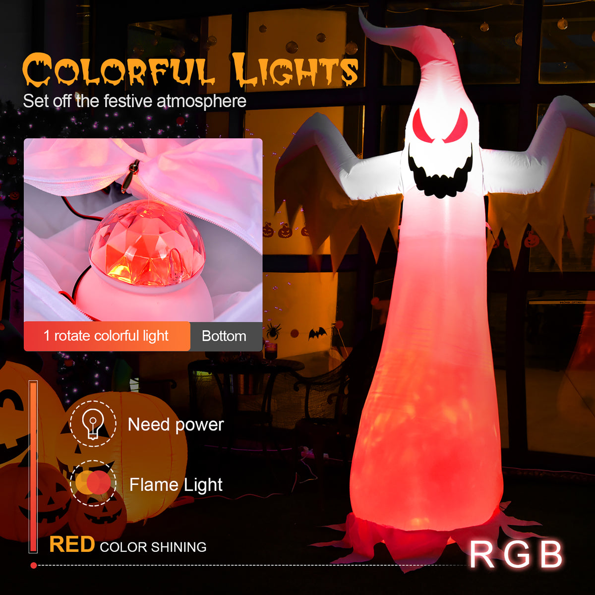 Haunt & Co Costway 8 FT Halloween Inflatable White Ghost with Rotatable Flame LED Lights