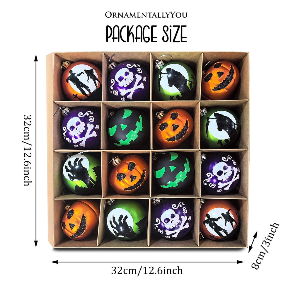 Haunt & Co The Face of Spooky Horror 16 Piece Ornament Shatterproof Bundle Set, Halloween Pumpkin, Zombie, and Goblin
