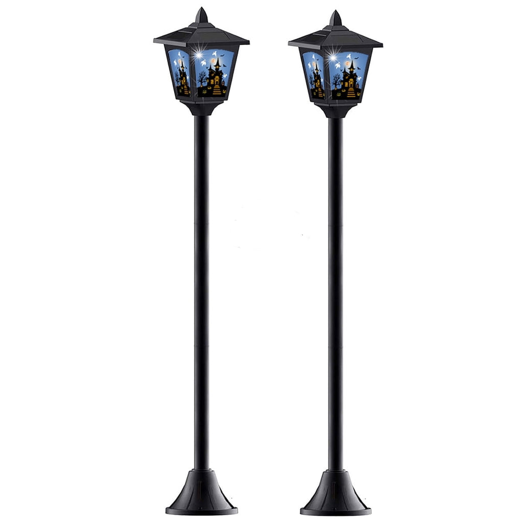 Haunt & Co 2-Pack Haunted House Solar Post Lights - Spooky with Eerie Glow, 40" Rust-Proof Stake, Auto On/Off