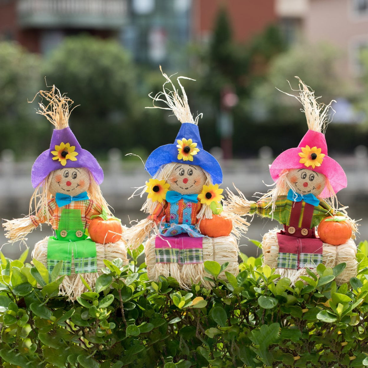 Haunt & Co Gardenised 12 Inch Sitting on Straw and Hay Bales Multicolor Trio Scarecrows for Halloween, Fall and All Time Season Garden Decor, Scatter them Around or Gather them Together for a Mesmerizing Display