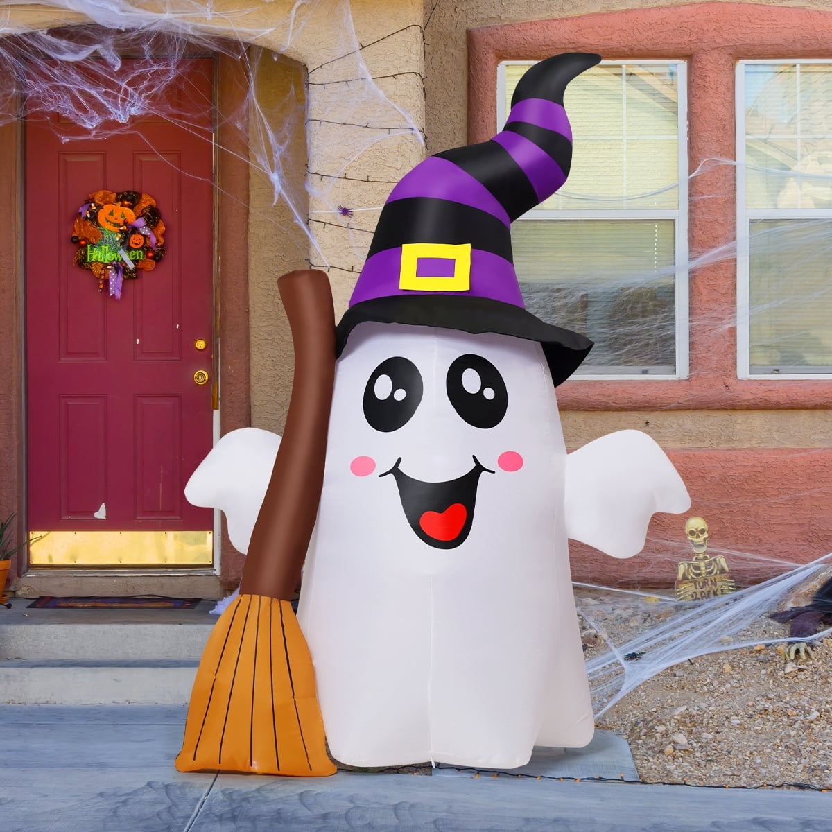 Haunt & Co Halloween Inflatables 6 FT Halloween Ghost Inflatable Grasping Broom with LED Lights, Blow up Ghost Cute Inflatable Ghost, Outdoor for Holiday Party Indoor Outdoor