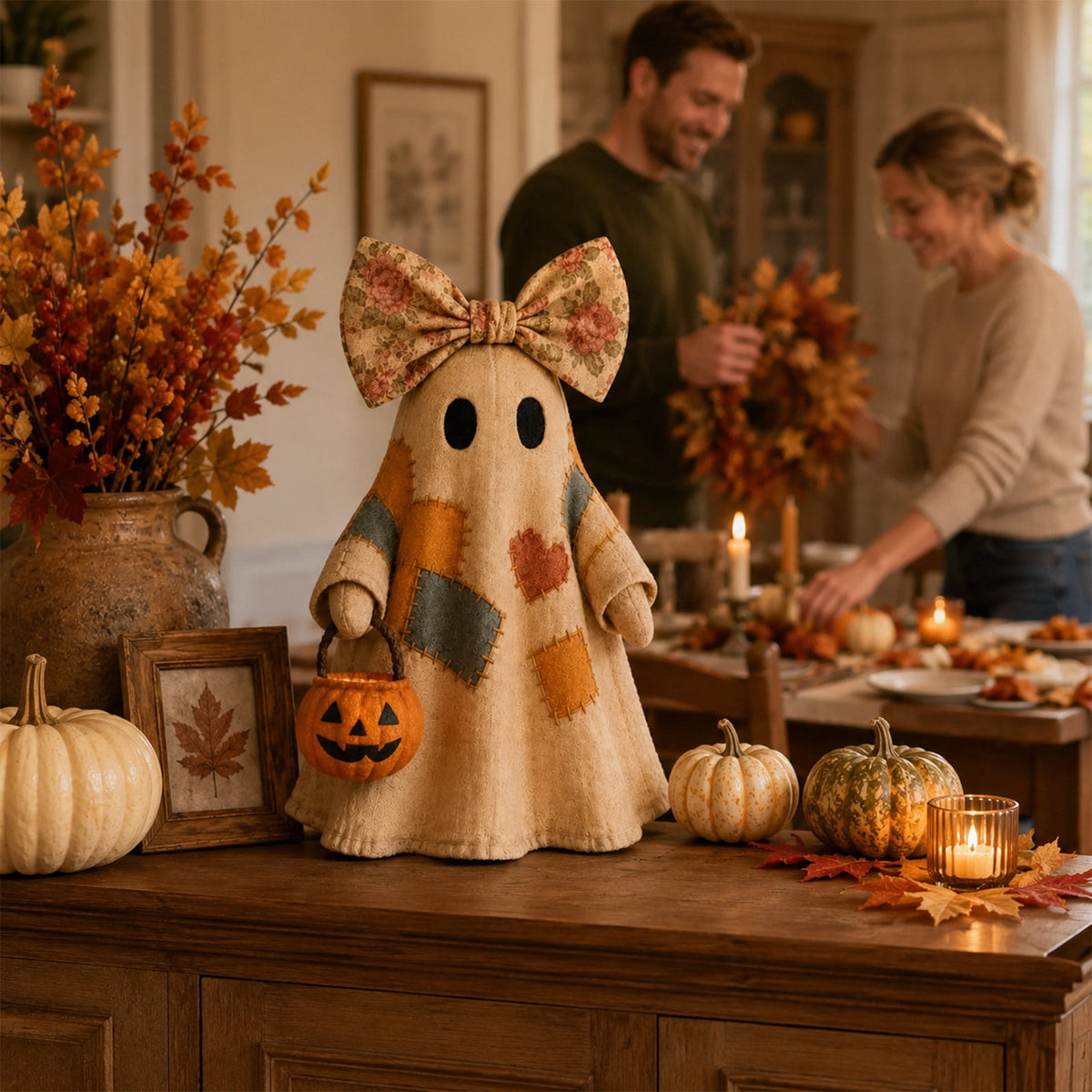 Haunt & Co 2PCS Lighted Vintage Patchwork Ghost, 13.8" Halloween Warm Lighted Centerpiece for Indoor Desk Ornaments, Tradition Patchwork Design Gifts for Family Party Favors