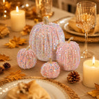 Haunt & Co Gaecuw 7 Pack Glitter Pumpkin Decor Sequin Velvet Fall Ornaments for Thanksgiving Table, Halloween Display, Mixed Sizes, Beige