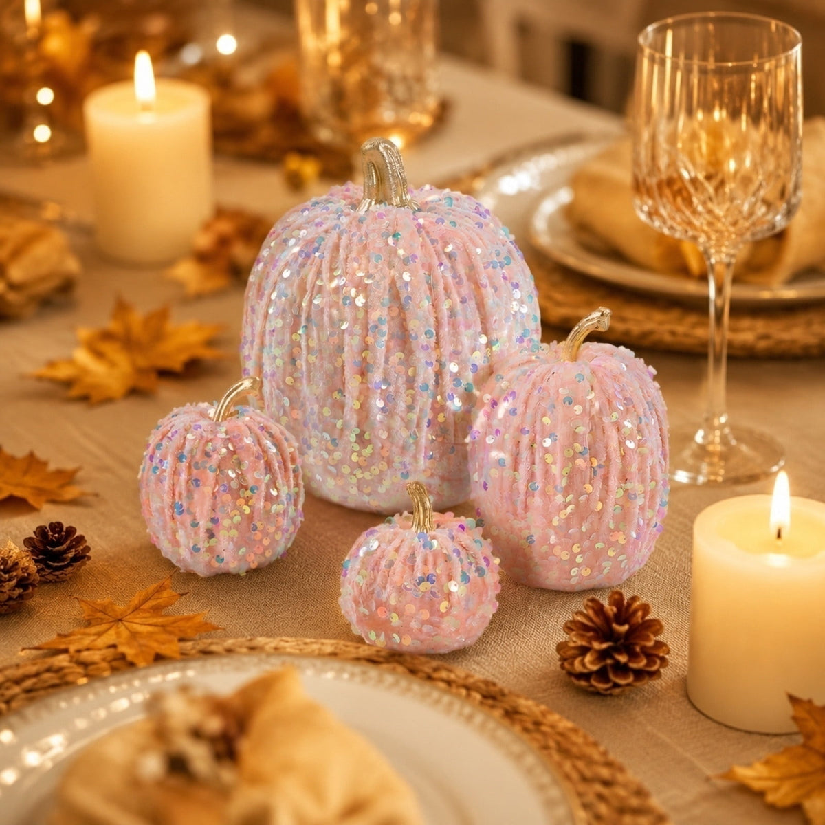 Haunt & Co Gaecuw 7 Pack Glitter Pumpkin Decor Sequin Velvet Fall Ornaments for Thanksgiving Table, Halloween Display, Mixed Sizes, Beige