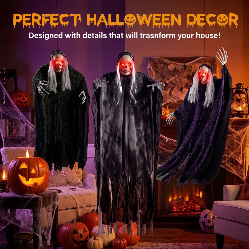 Haunt & Co 3 Pack Hanging Skeleton Ghosts for Outdoor, Grim Reaper for