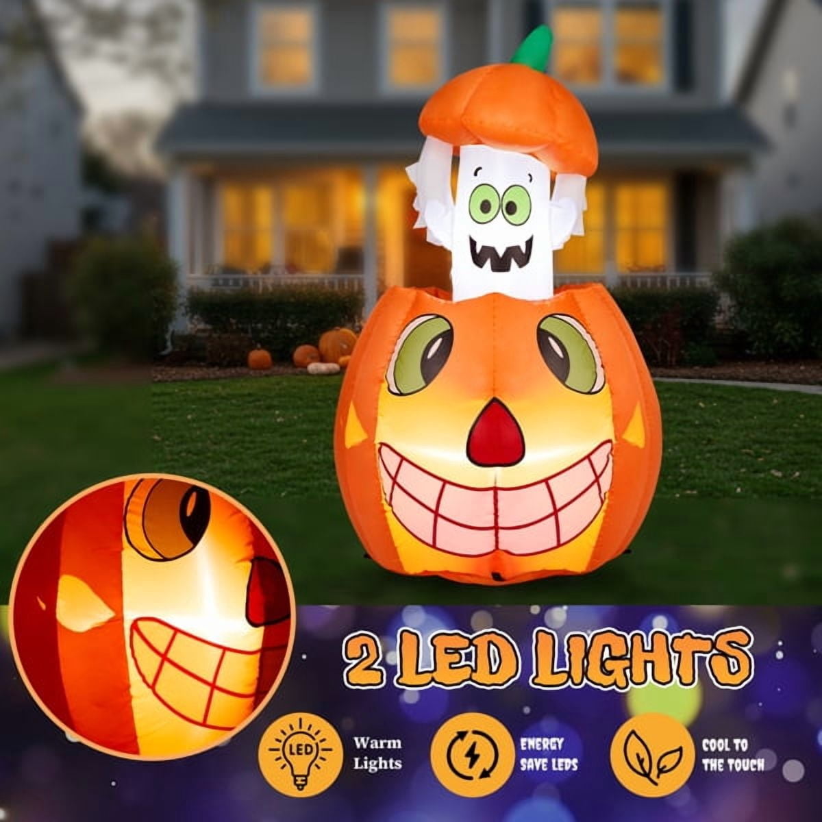 Haunt & Co 2.8FT Halloween Inflatable Animated Pumpkin Ghost, 2 White LED Lights, Weather-Resistant Polyester, for Small Spaces/Accent Decor