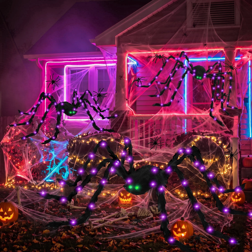 Haunt & Co Halloween Spider Decorations Set, 5FT and 2 Pack 4FT Lighted Giant Spider Decorations