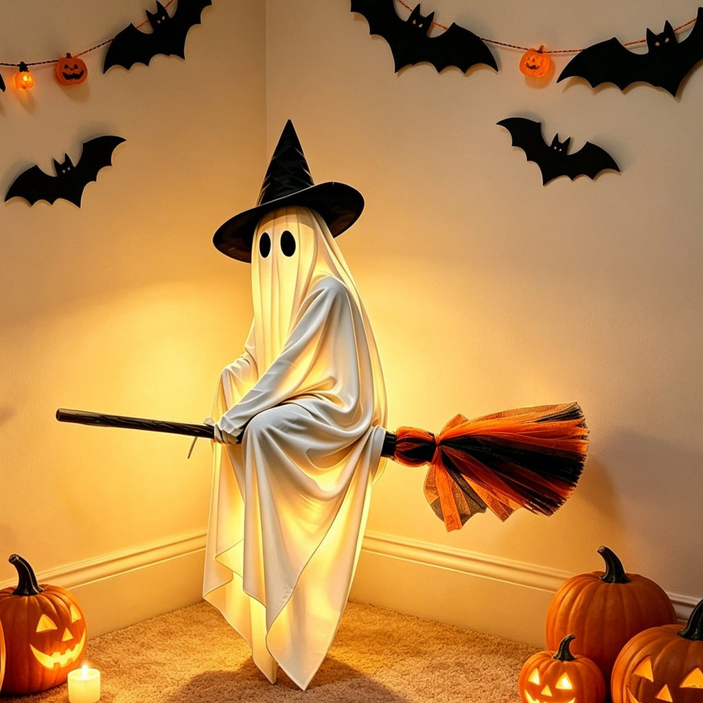 Haunt & Co Halloween Glowing Ornament with Lighted Witch Hat - Flying Hanging Decor for Home Porch Yard, Holiday Scene Prop for Halloween Celebration