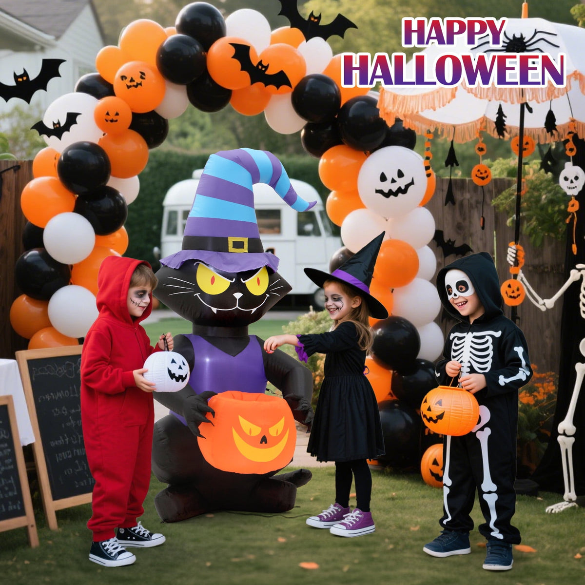 Haunt & Co Toiyjofe 6ft Halloween Inflatable Black Cat with Jack-o'-Lantern & LED Lights, Trick-or-Treat Yard Decoration with Witch Hat