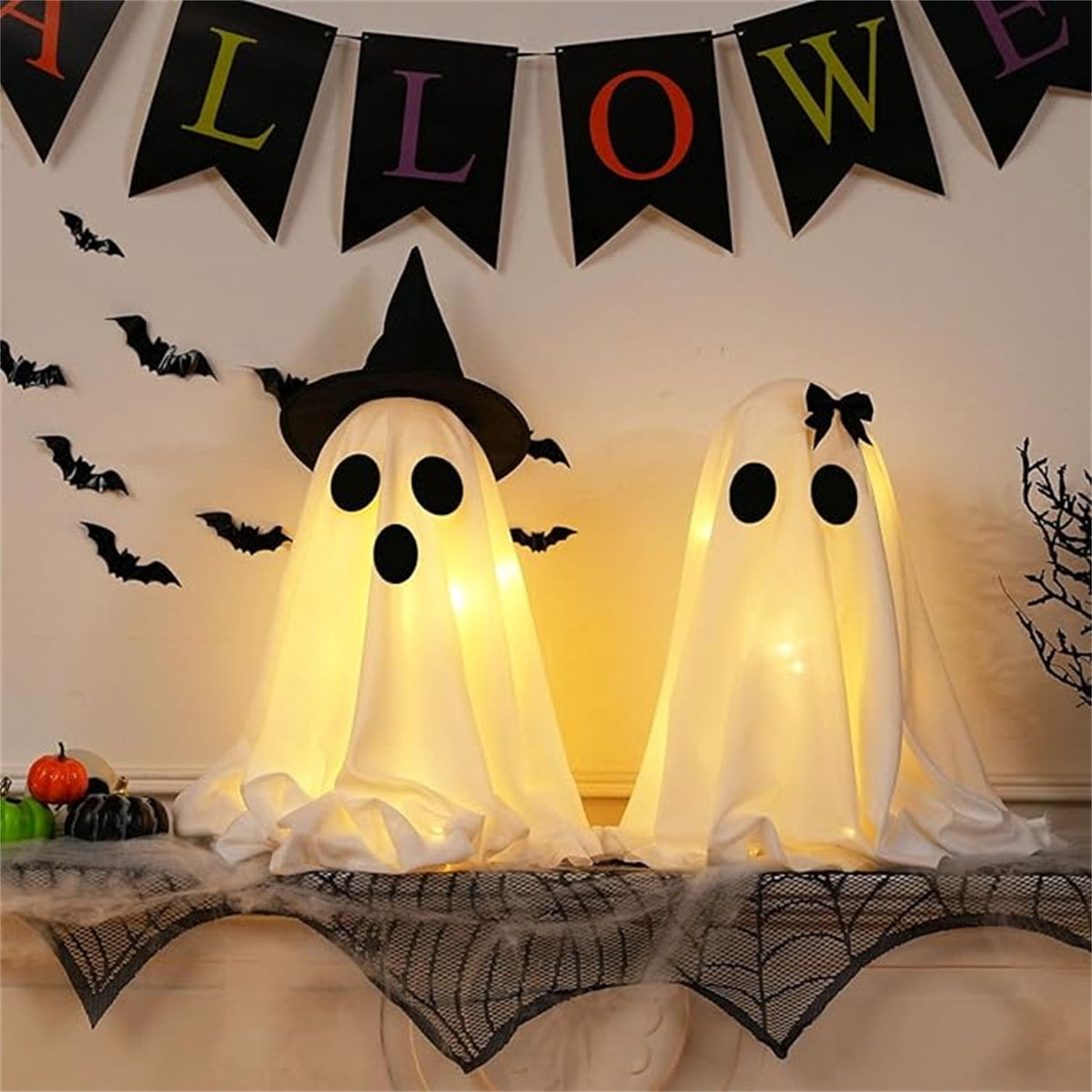 Haunt & Co 2PCS Halloween Ghost Light Set Decoration, Cute Ghost Light up for Home Halloween Party Tabletop Kitchen Counter Fireplace Mantle Decoration
