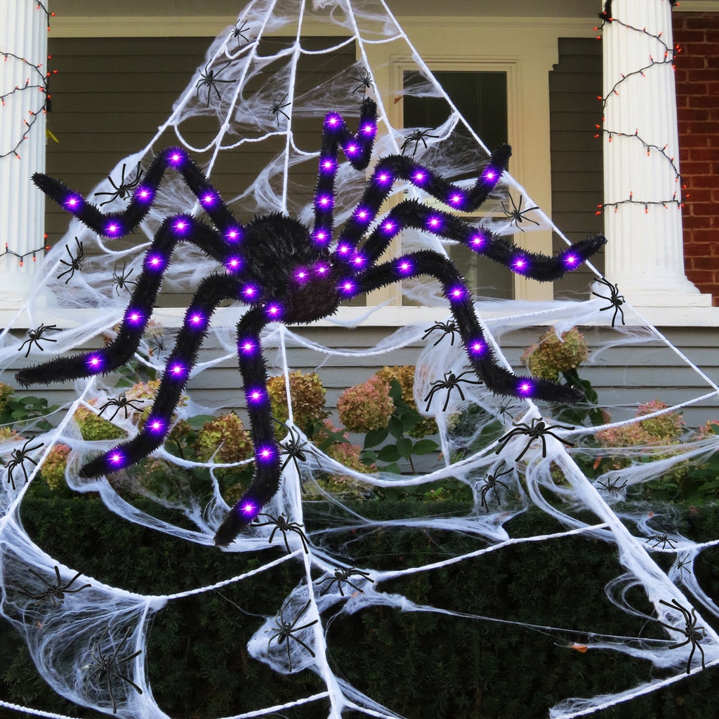 Haunt & Co Spider Webs Outdoor, 50" Light Up Giant Spider + 276" Triangular Spider Webs, Yard Outdoor
