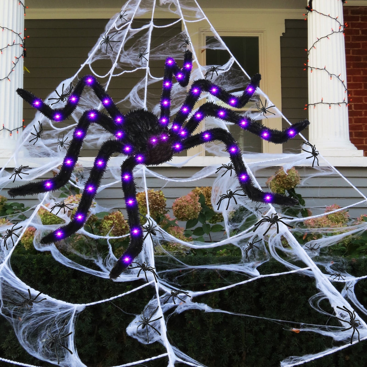Haunt & Co Spider Webs Outdoor, 50" Light Up Giant Spider + 276" Triangular Spider Webs, Yard Outdoor