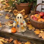 Haunt & Co GIPQJK Summerween Cute Ghost Resin Figure with Bow Tie Holding Pumpkin Statue, Creative Halloween Desktop Shelf Home Decor Ornament A
