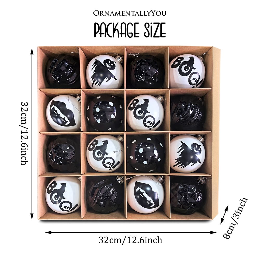 Haunt & Co Creepy Boo Assorted 16 Piece Black and White Ornament Bundle, Monochrome 3" Halloween Bauble Set