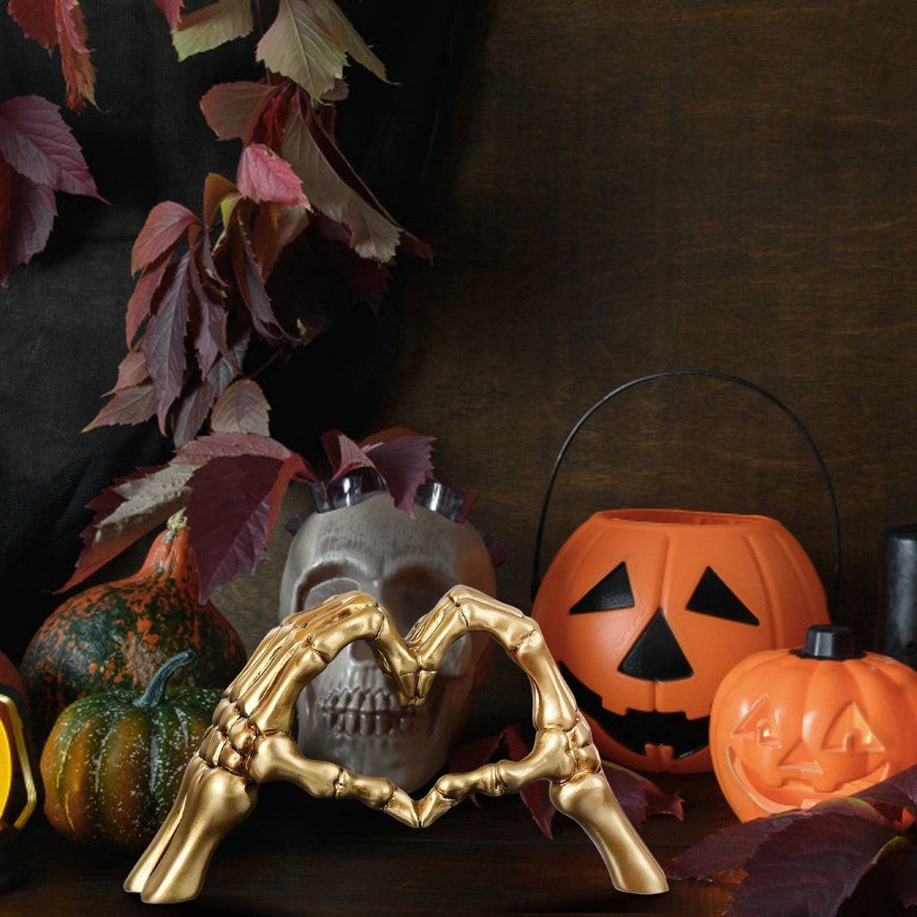 Haunt & Co Halloween Resin Abstract Skeleton Statue Love Ornaments Heart Shape Finger Gesture Figurines Halloween Home Desktop Decoration for Shelf Display Coffee Table Centerpiece Wedding Decor