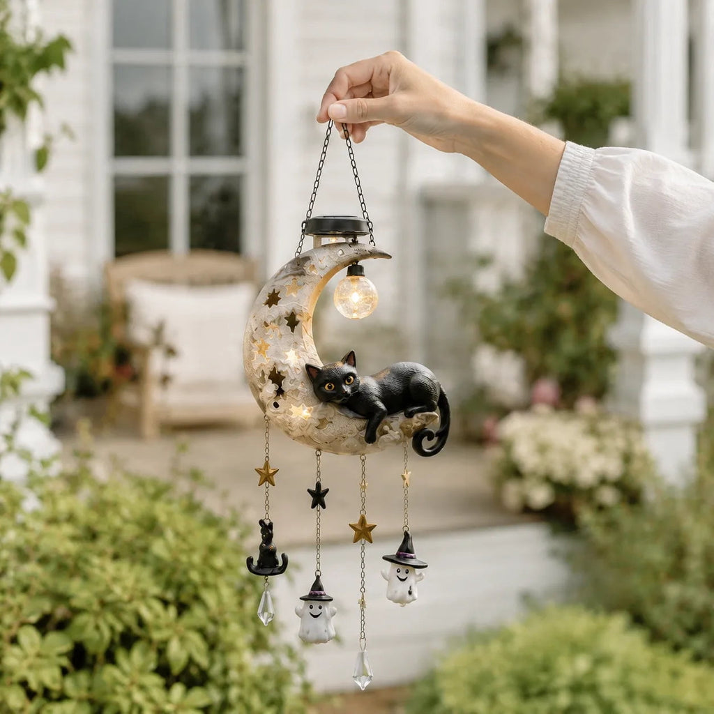 Haunt & Co Homellea Crescent Moon Black Cat Solar Hanging Light, Halloween Resin Ornament with Ghost, Star and Crystal Look Drops for Tree, Porch, Patio, Garden, Balcony and Seasonal Outdoor Display