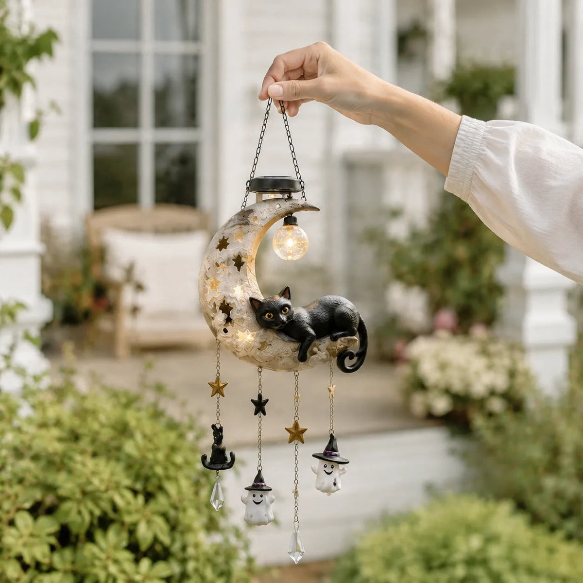 Haunt & Co Homellea Crescent Moon Black Cat Solar Hanging Light, Halloween Resin Ornament with Ghost, Star and Crystal Look Drops for Tree, Porch, Patio, Garden, Balcony and Seasonal Outdoor Display