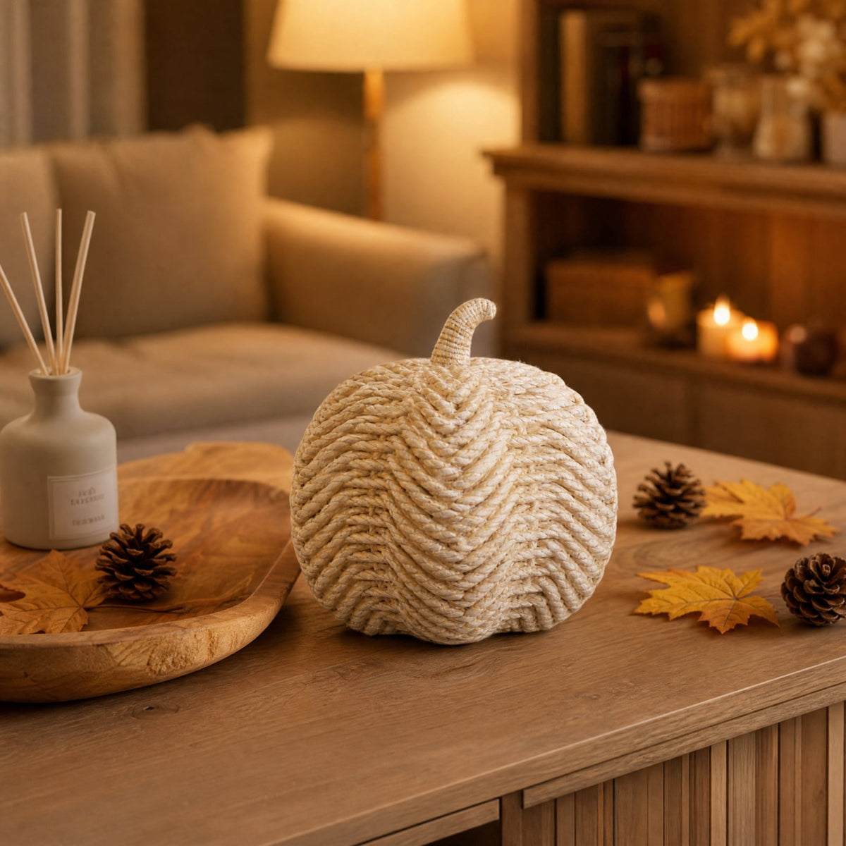 Haunt & Co Faux Rattan Pumpkin Decor, Beige Woven Halloween Ornaments for Fall Home Boho Farmhouse Table Centerpiece Mantel Shelf Porch Autumn Decoration Resin