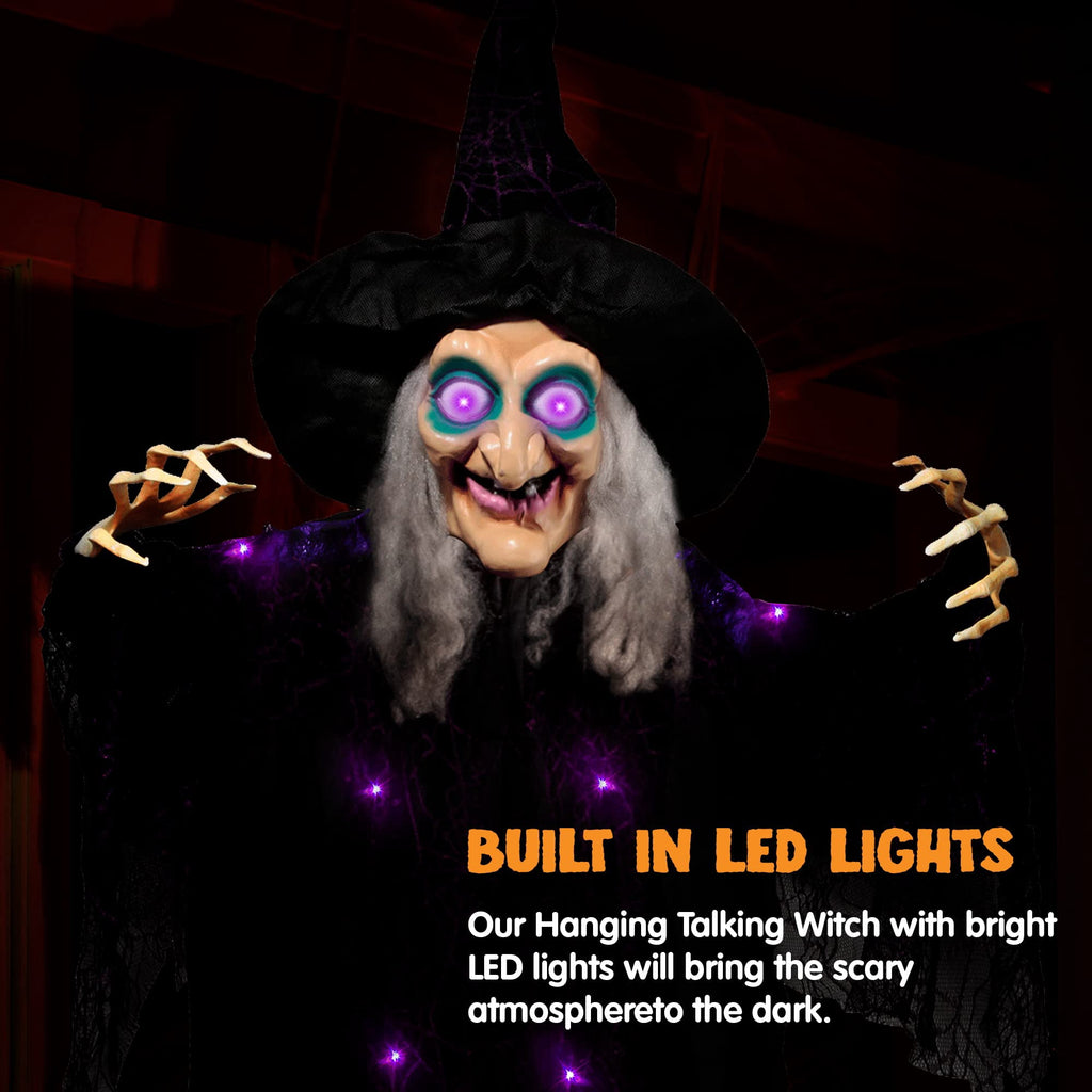 Haunt & Co 6ft Halloween Witch Decoration,Outdoor Scary Halloween Animatronic Hanging Witch with Light Up Eyes and Sound Decoration for Halloween Outdoor