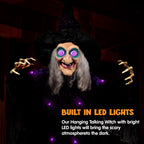 Haunt & Co 6ft Halloween Witch Decoration,Outdoor Scary Halloween Animatronic Hanging Witch with Light Up Eyes and Sound Decoration for Halloween Outdoor