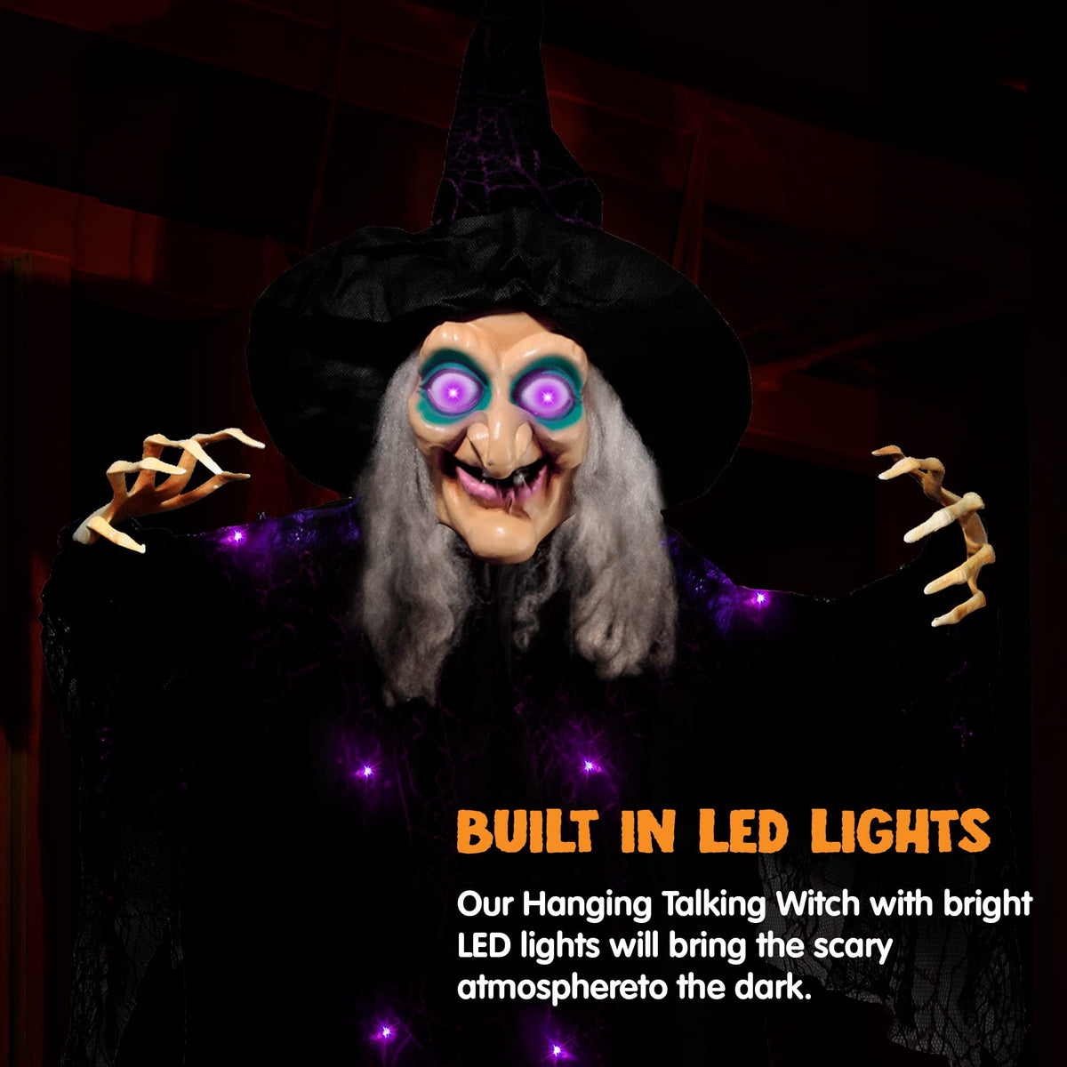 Haunt & Co 6ft Halloween Witch Decoration,Outdoor Scary Halloween Animatronic Hanging Witch with Light Up Eyes and Sound Decoration for Halloween Outdoor