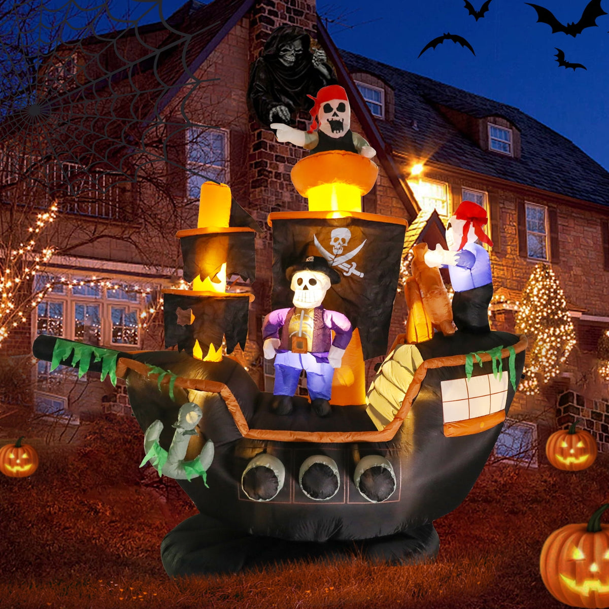 Haunt & Co 7 FT Halloween Inflatable Skeletons Ghosts on Pirate Ship Lights Decor Outdoor Indoor Holiday Decorations, Blow up Lighted Yard Decor, Giant Lawn Inflatables Home Family Outside Decor