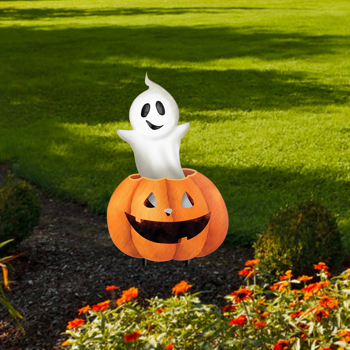 Haunt & Co Briarwood Lane Halloween Pumpkin and Ghost Metal Yard Art 30x13 For Halloween Metal Art