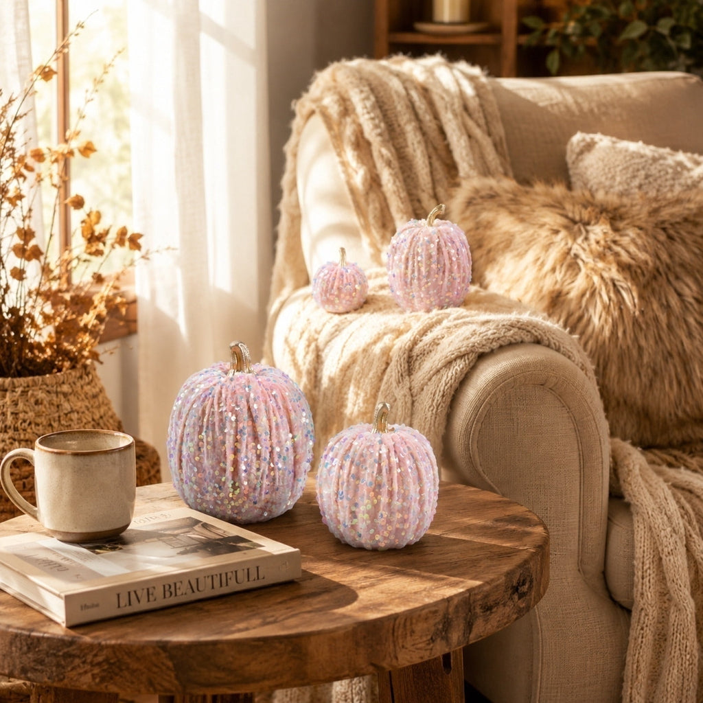 Haunt & Co Gaecuw 7 Pack Glitter Pumpkin Decor Sequin Velvet Fall Ornaments for Thanksgiving Table, Halloween Display, Mixed Sizes, Beige