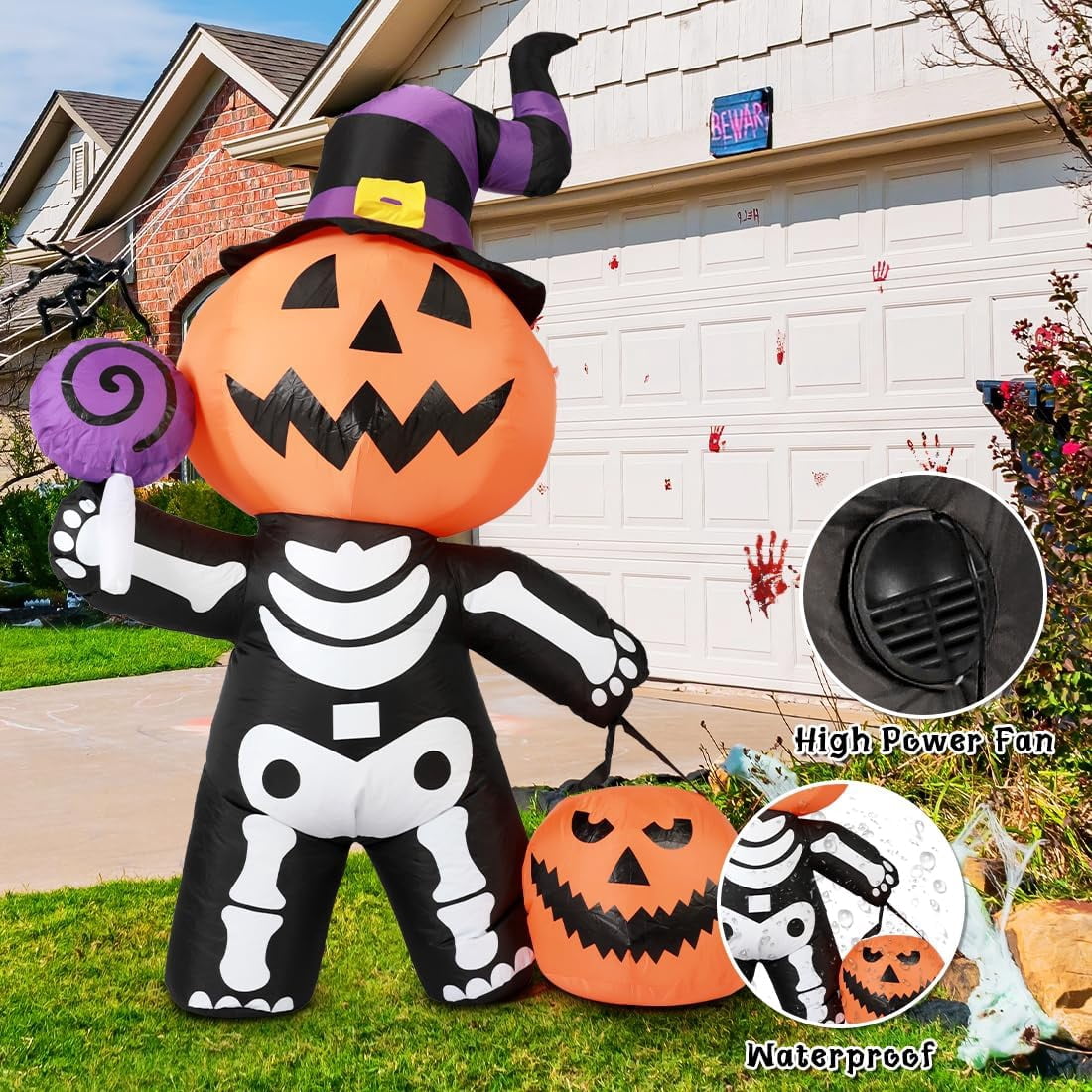 Haunt & Co Halloween Inflatables 6 FT Halloween Pumpkin Inflatable with Skull Body, Scary Blow Up Halloween Pumpkin Decoration with LED Lights, Outdoor Clearance for Holiday Party