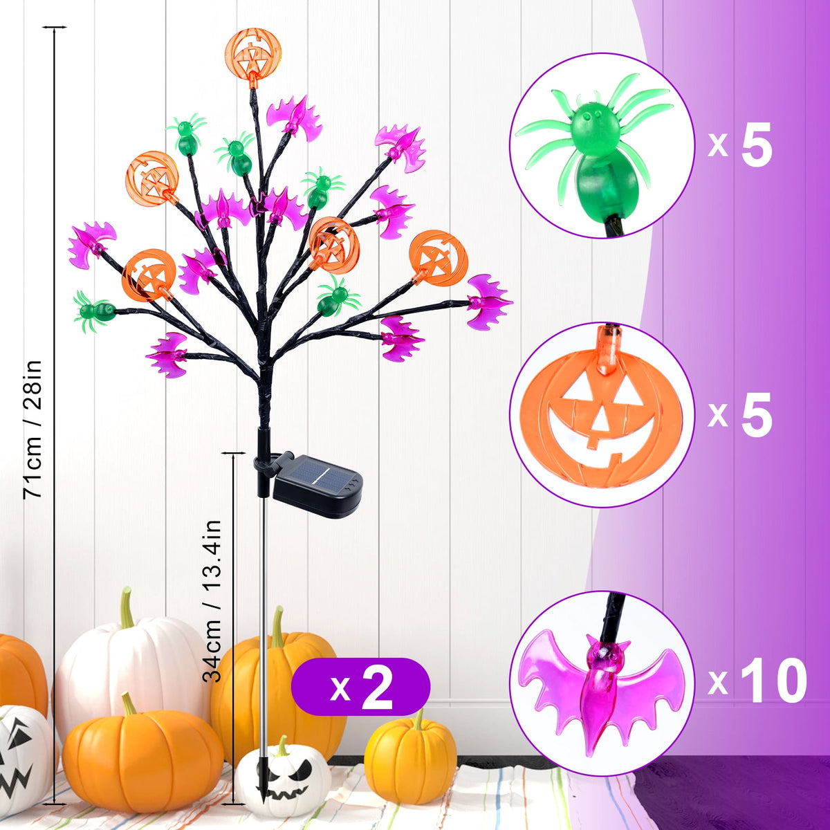 Haunt & Co 2 packs 40 LED Solar Halloween Lights, 2 Modes Halloween Bats Spiders Pumpkin Lights