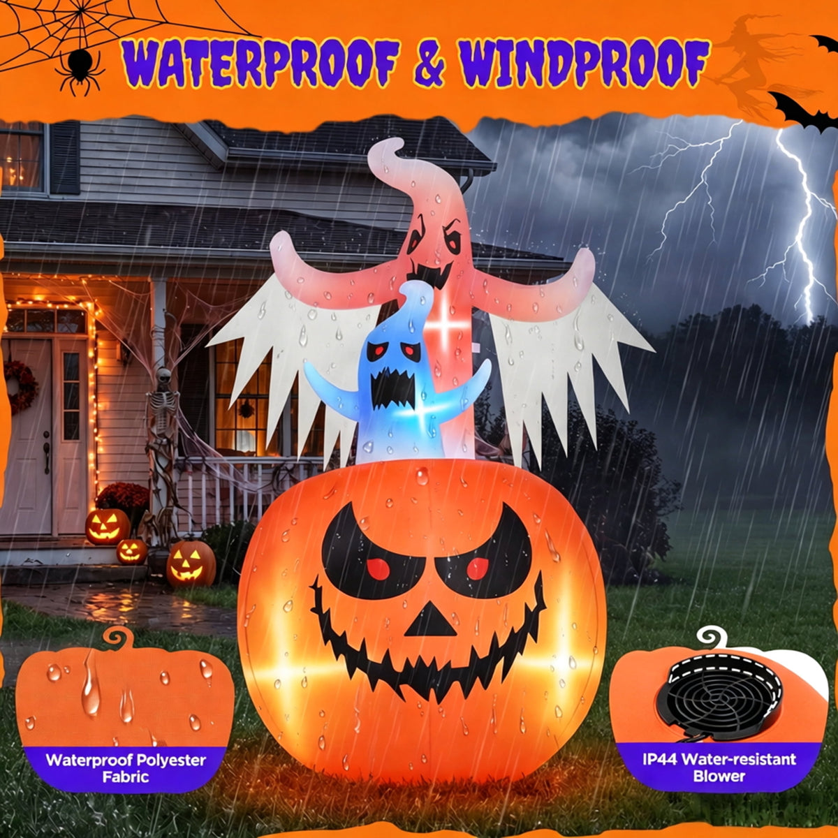 Haunt & Co 6ft Tall Halloween Inflatable,Ghosts Pumpkin with Colorful Flashing Lights,Blow ups Halloween Outdoor Decorations
