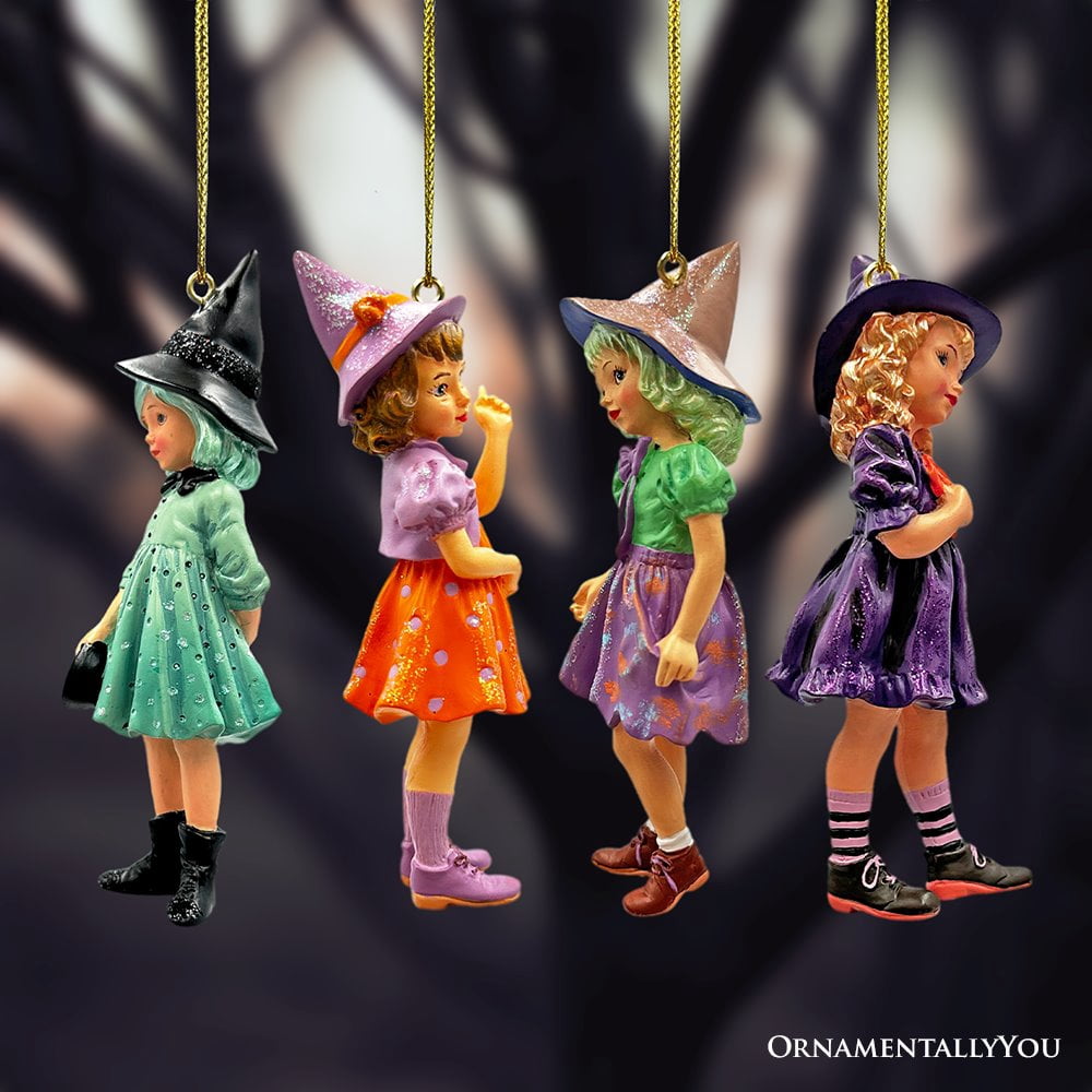 Haunt & Co Classic Victorian Little Witch Girls Set of 4 Ornaments, Vintage Halloween Tree Resin Decoration