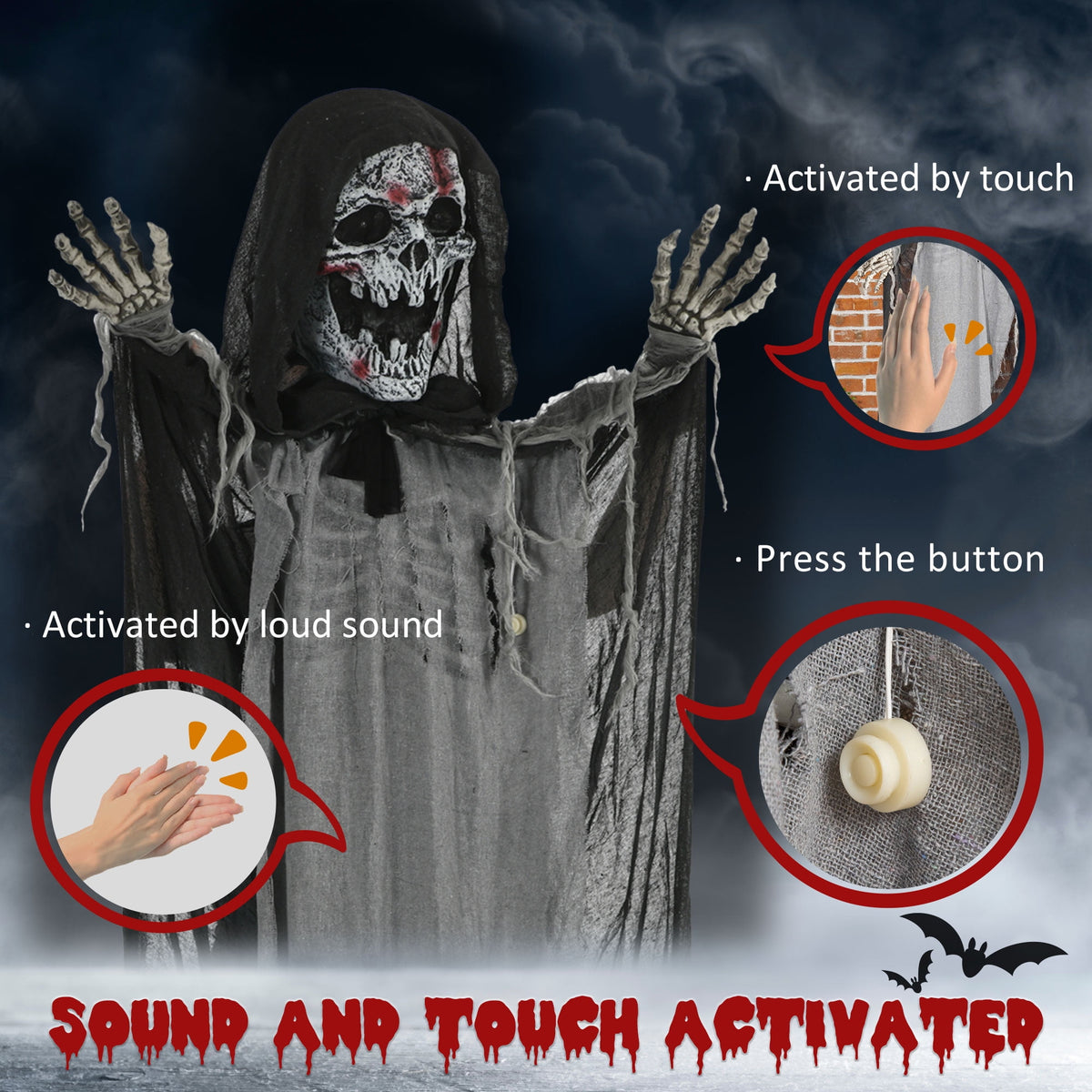 Haunt & Co Outsunny 74" Life Size Outdoor Skeleton Witch, Animated Prop Animatronic Decor with Sound and Motion Activated, Light Up Eyes and Chest, Howling and Chain Sound