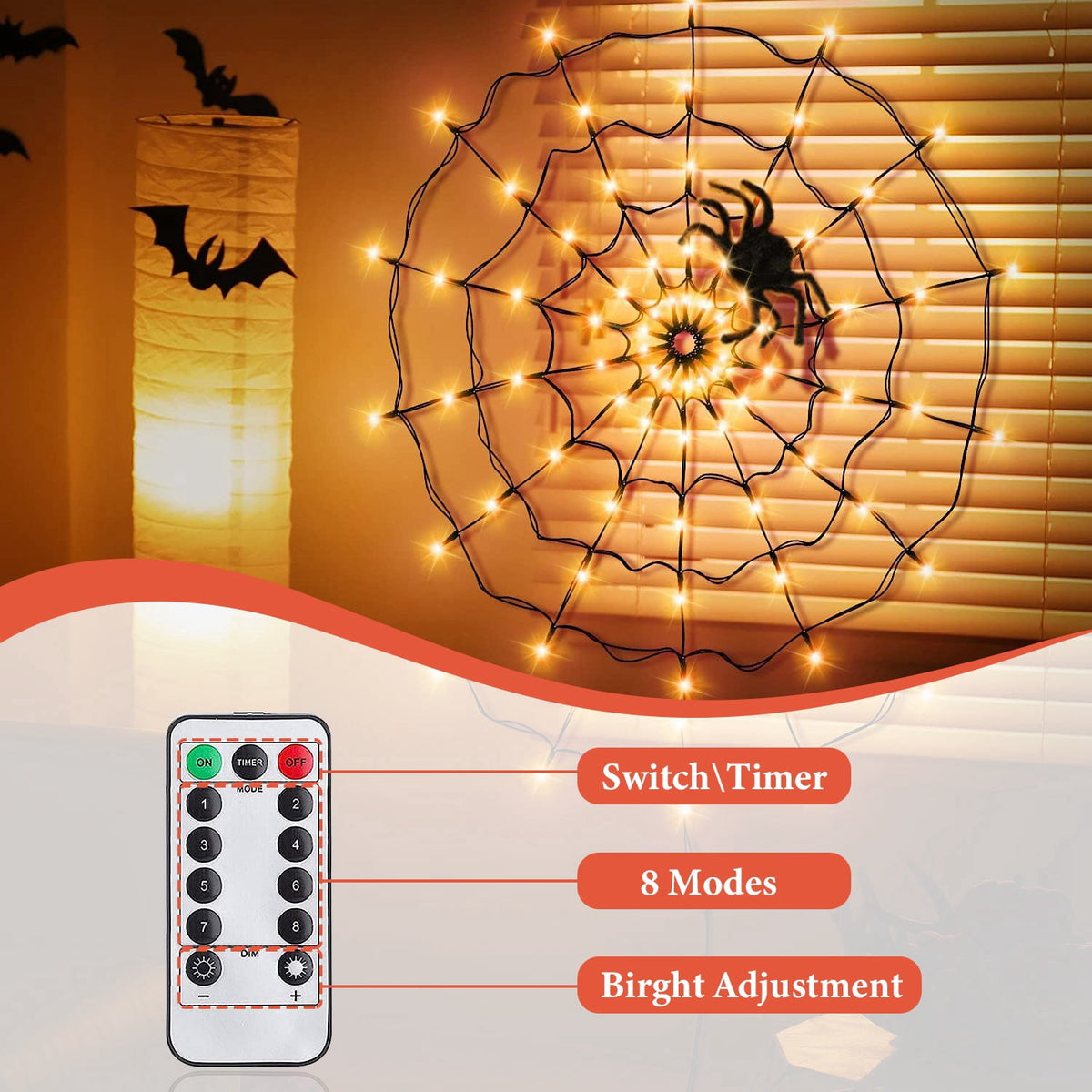Haunt & Co Halloween Spider Web Light LED and a 5in Spider, 3.28ft Spider Web Light Decorations 70 LED Lighted, Indoor Outdoor House Yard Garden Scary Halloween Window Light, Battery Operated, Purple
