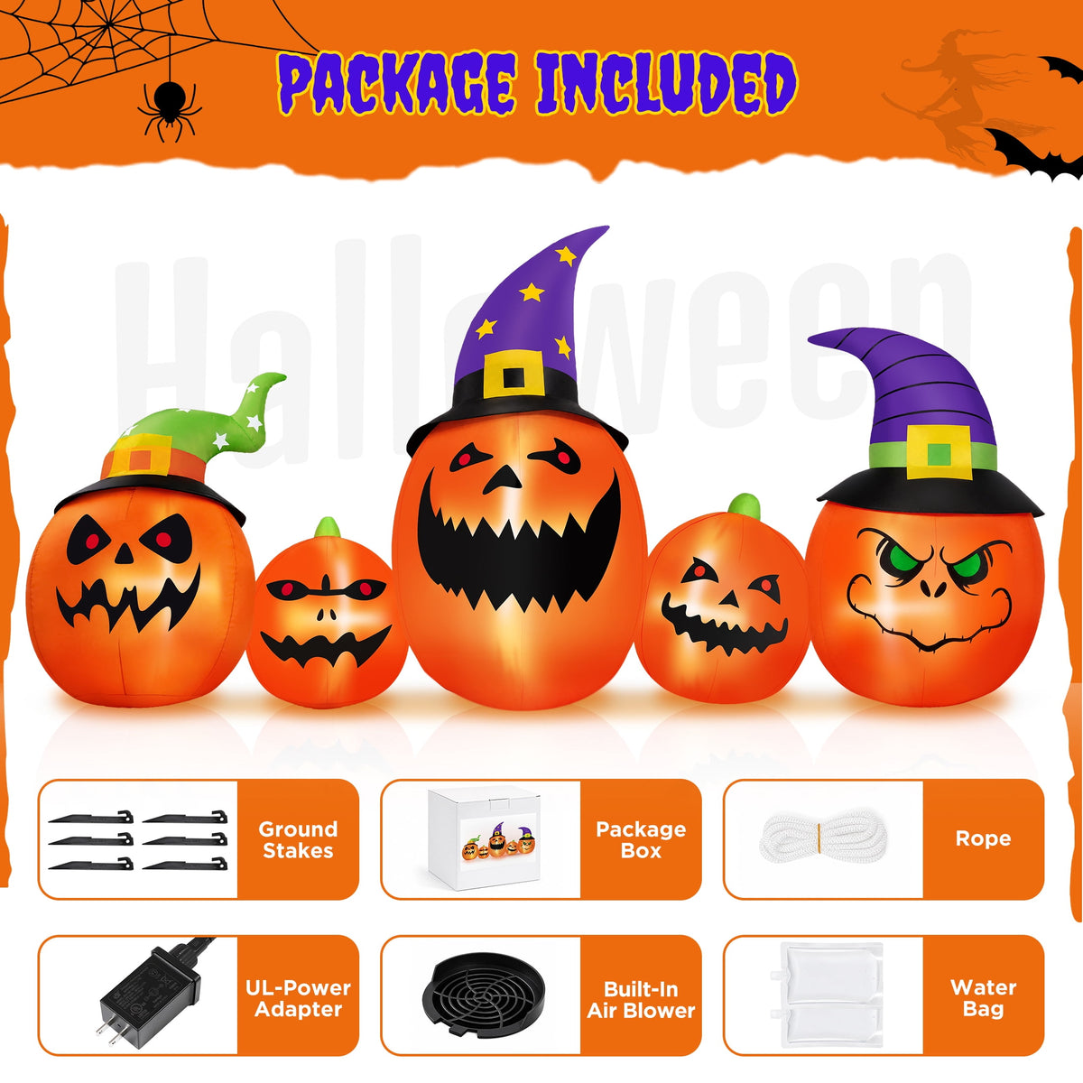 Haunt & Co (2 pack) 8FT Halloween Inflatable Pumpkins Blow ups Outdoor Decorations, Five Pumpkins with LED Lights