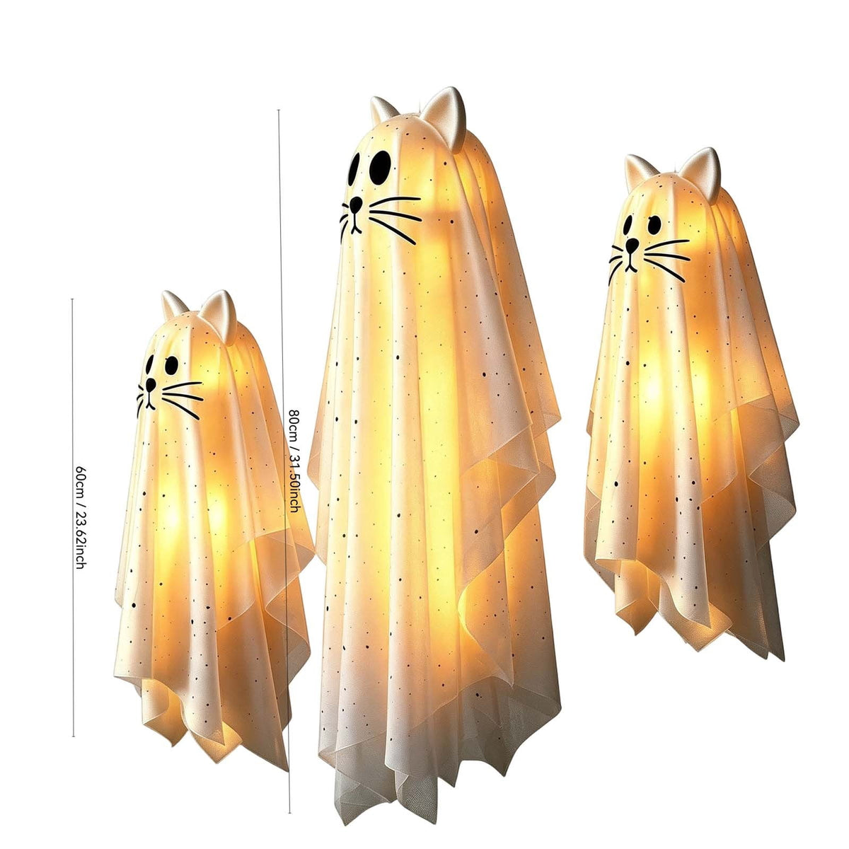 Haunt & Co Hanging Ghost Decorations, 3 Pack Light Up Cat Ghost Ornaments with Warm LED Lights Glitter Fabric Floating Design, Cute Spooky Halloween Decor for Porch Tree Yard Indoor Outdoor