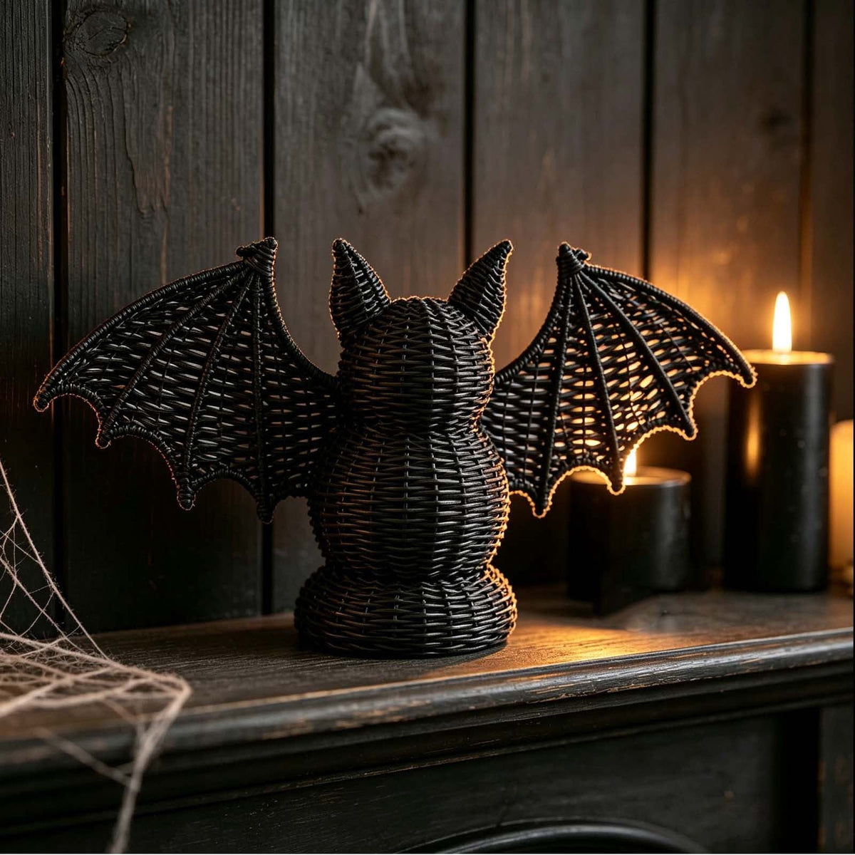 Haunt & Co SHJHENG Woven Bat Figurine â?? Black Rattan Style Halloween Decoration, Spooky Desktop Ornament for Home, Mantel, and Party Display, 7.09 Inch Tall