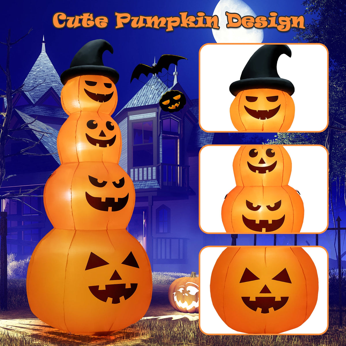 Haunt & Co Gymax 8 ft Inflatable Halloween Pumpkins Stack Holiday Decor w/ Built-in LED Lights