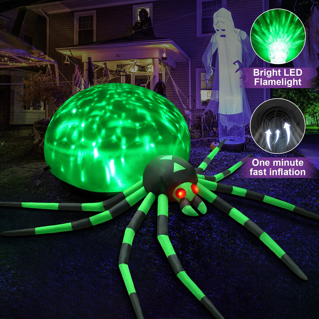 Haunt & Co 8FT Halloween Inflatables Outdoor Decorations Giant Spider Decorations with LED Lights and Air Pump Blow up Inflatable Green