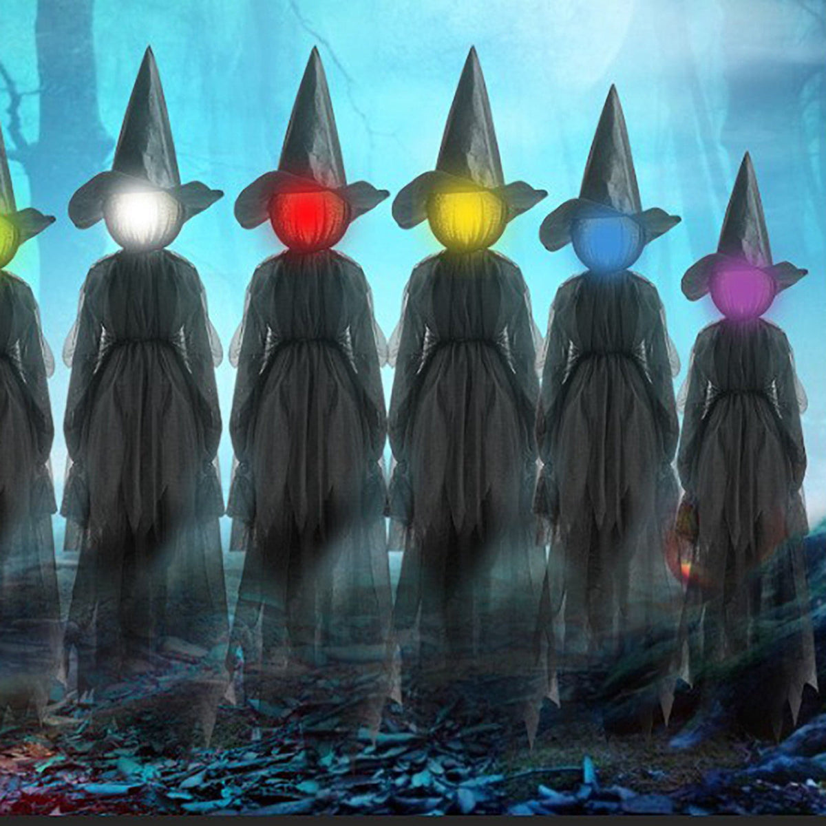 Haunt & Co TOPRenddon Life-Size Glowing Witch Decor - 3-Pack 59" Halloween Yard Figures with Color-Changing LED Faces & Rainproof Fabric