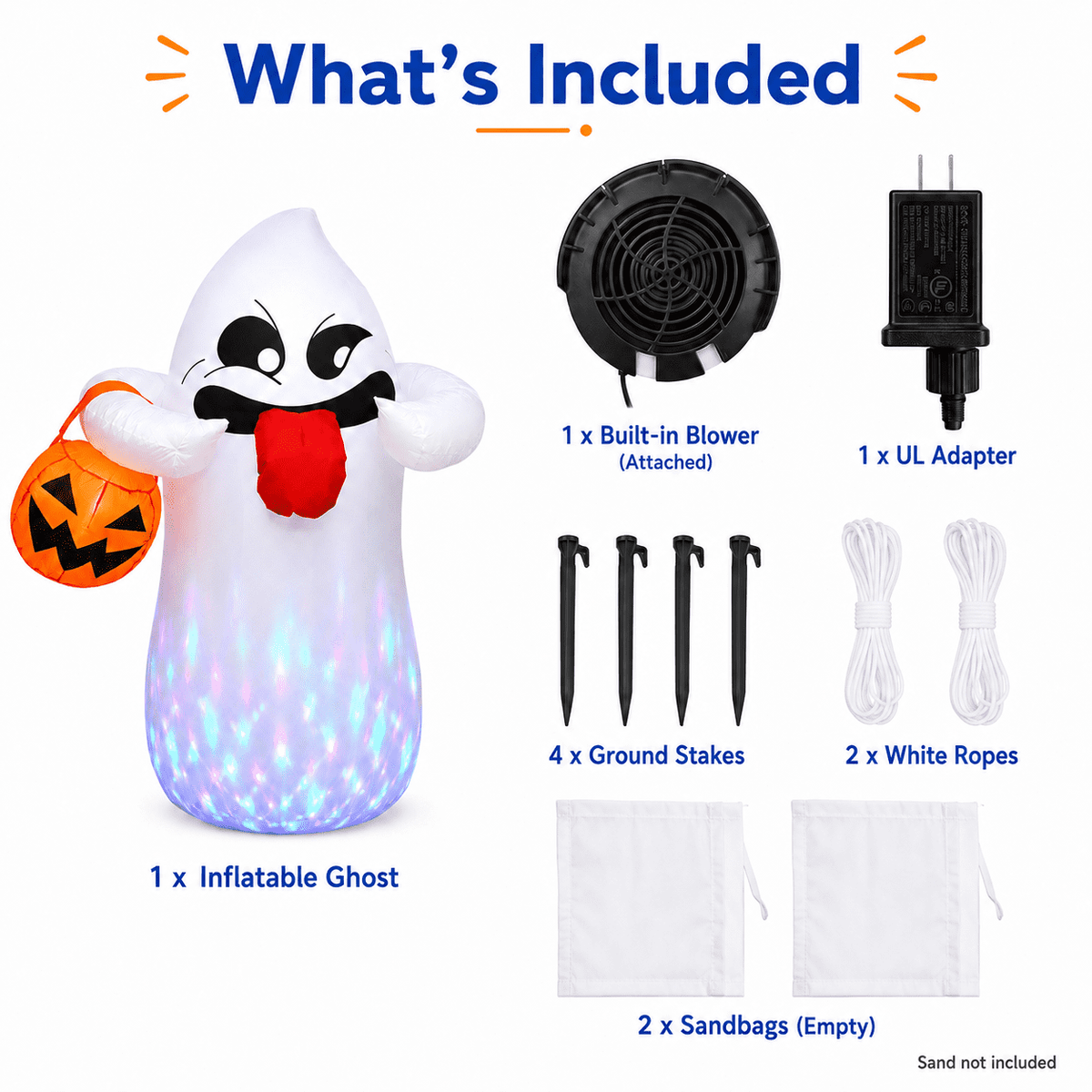 Haunt & Co 5FT Halloween Inflatable Ghost Holding Pumpkin Lantern, Light-Up Blow Up Outdoor Yard Decoration with RGB LED Lights