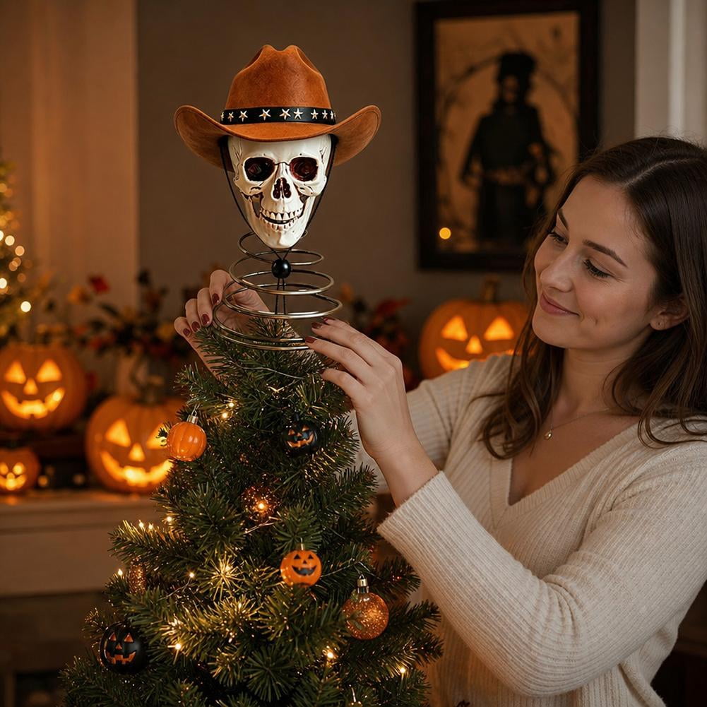 Haunt & Co Halloween Tree Topper, Skeleton Xmas Tree Topper, Halloween Skeleton Trees Decoration, Plastic Skull Ornament with Metal Spring Base, Spooky Holiday Home Party Decor