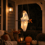 Haunt & Co LIGHTED HANGING GHOST WITCH Floating White Ghost With Black Witch Hat Rustic Broom And Orange Bow Warm Glow