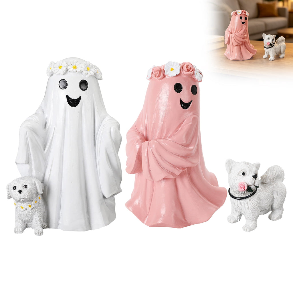 Haunt & Co Hand Painted White Ghost Walking Dog Statue Weatherproof Halloween Ornament for Farmhouse Porch Indoor Shelf Seasonal Decor(Whiteï¼?