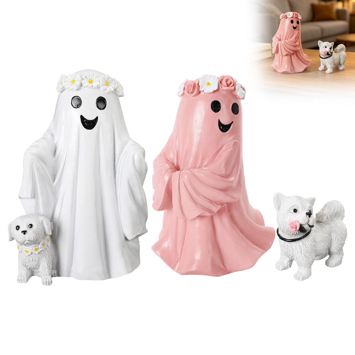 Haunt & Co Hand Painted White Ghost Walking Dog Statue Weatherproof Halloween Ornament for Farmhouse Porch Indoor Shelf Seasonal Decor(Whiteï¼?